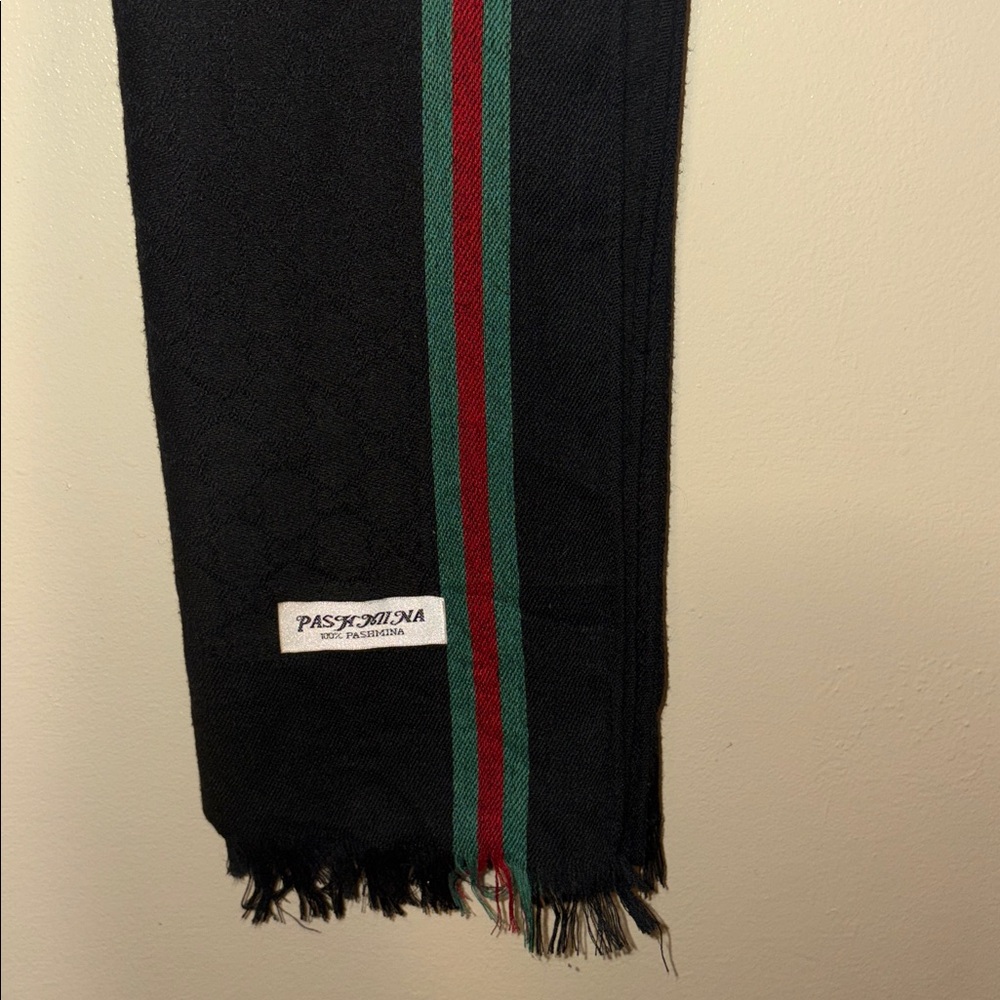 Gucci Elegant Black Scarf with Red and Green Accents